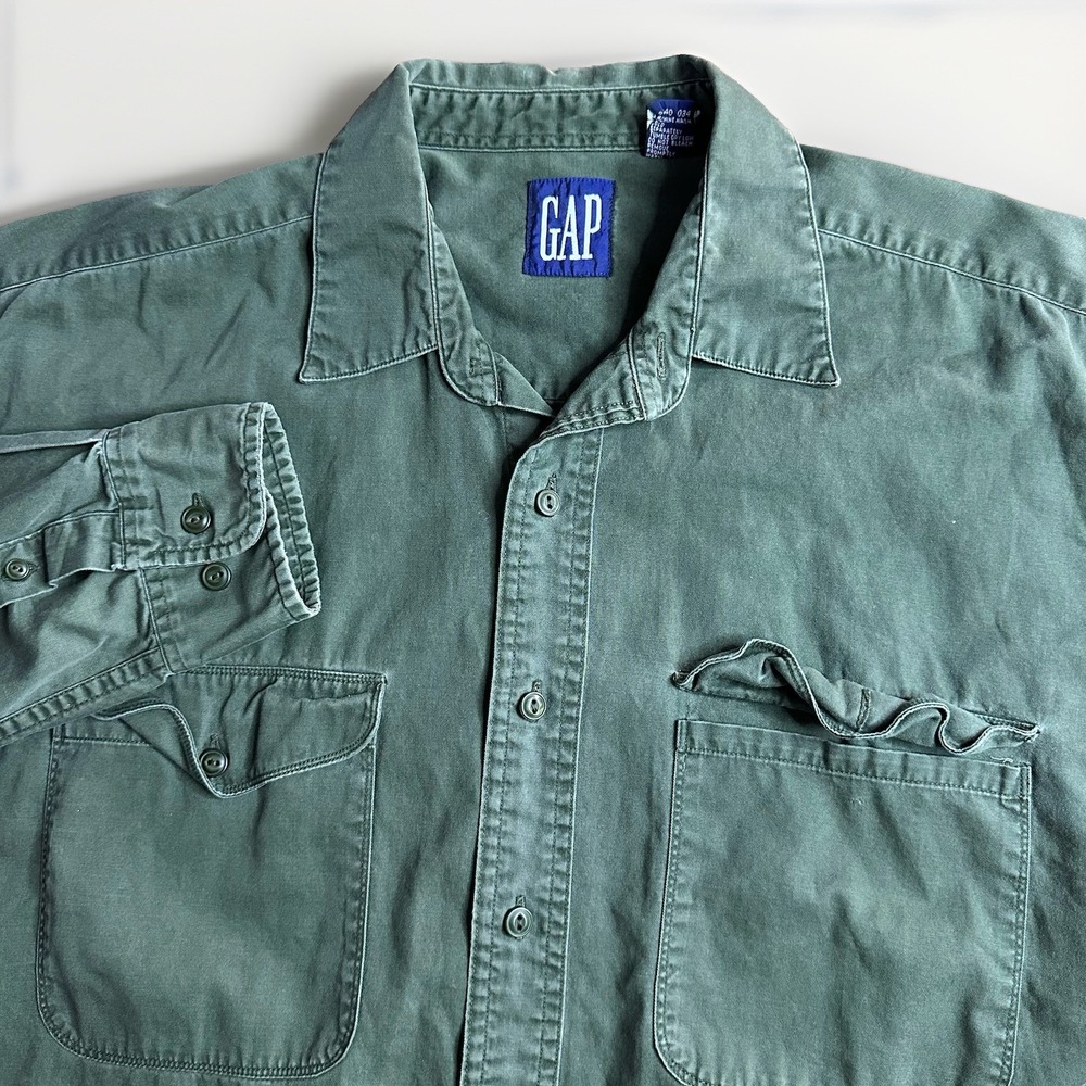 Vintage 90s Gap Shirt Mens Large Green Military Safari Heavy Cotton Big Tag